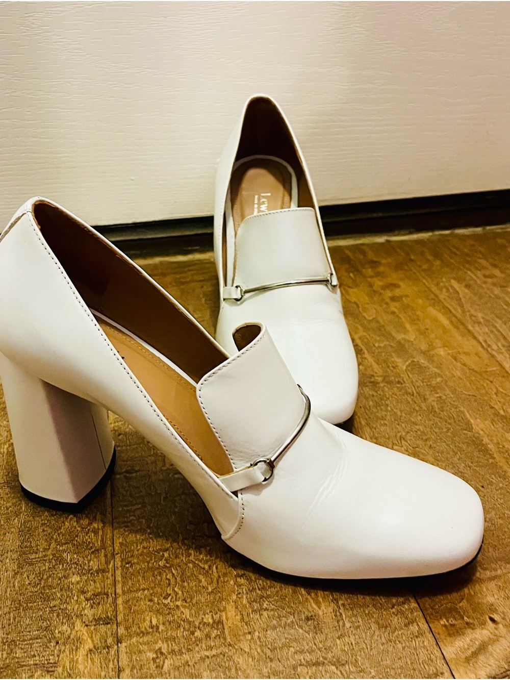 Lewit White Block Heel Loafers with Silver Accent